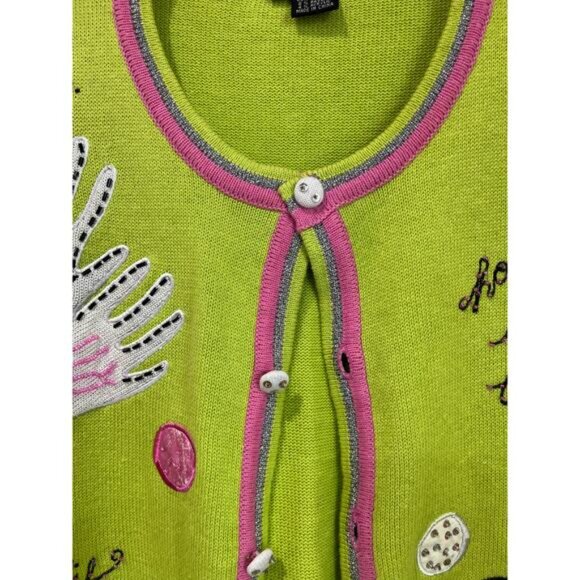 Berek Golf Sweater Cardigan Green Pink Beaded Embroidered Women’s L - Picture 4 of 11